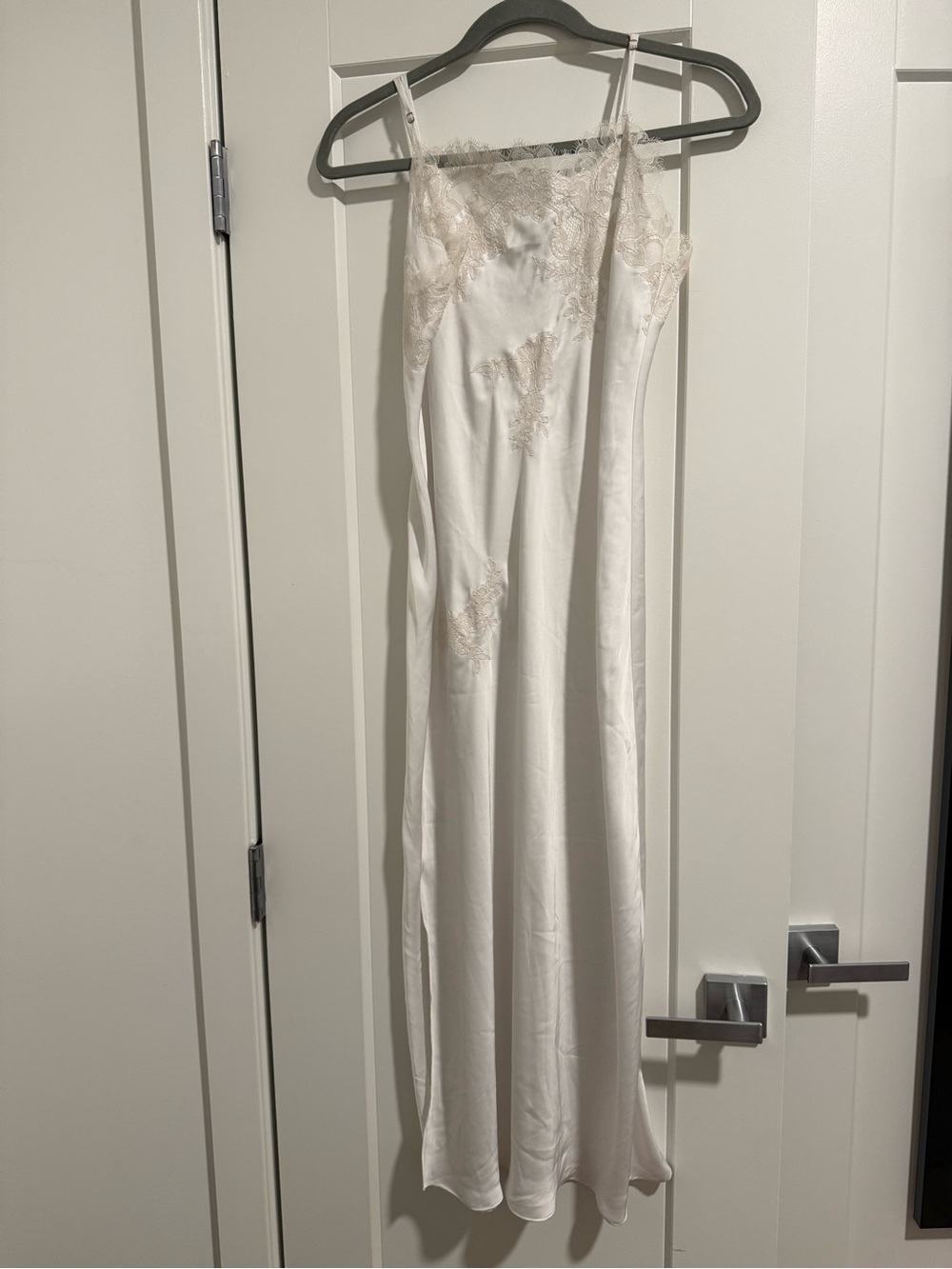 Natori White Lace-Trim Silk Slip Maxi Dress